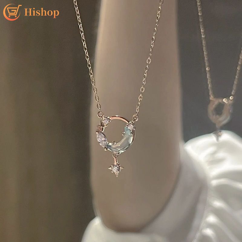 Bulan Bintang Liontin Kalung Kristal Zirkon Kalung Perak Rantai Choker Aksesoris Perhiasan