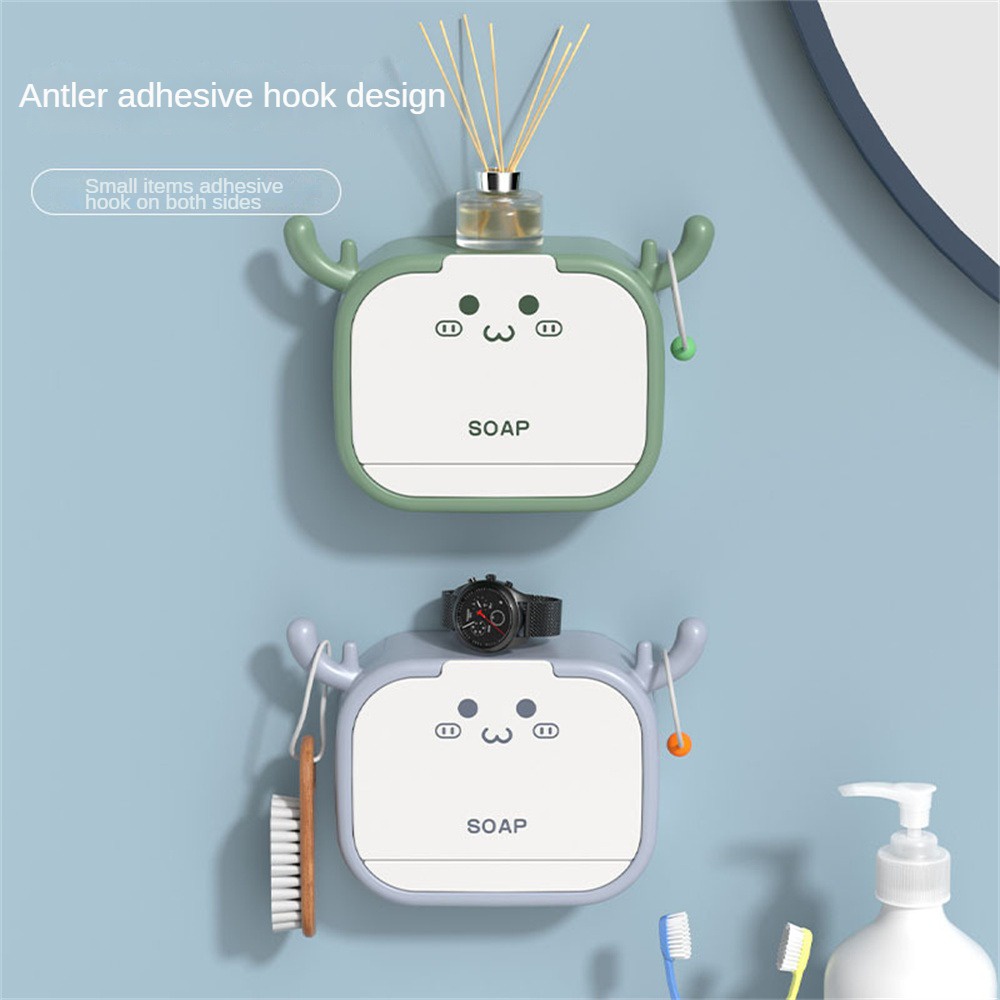 Box Wall Mount Rusa Kotak Sabun Punch-Free Flip Toilet Wadah Sabun Cuci Kamar Mandi Kartun Antlers Hook Drain Kotak Penyimpanan Sabun Aksesori Kamar Mandi