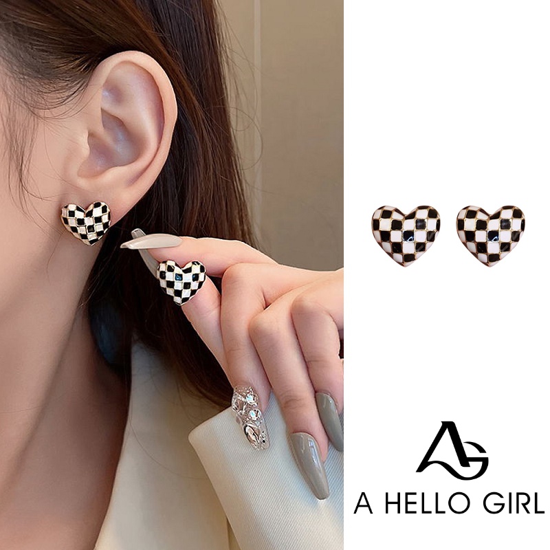 Anting Stud Desain Love Checkerboard Gaya Korea Untuk Wanita