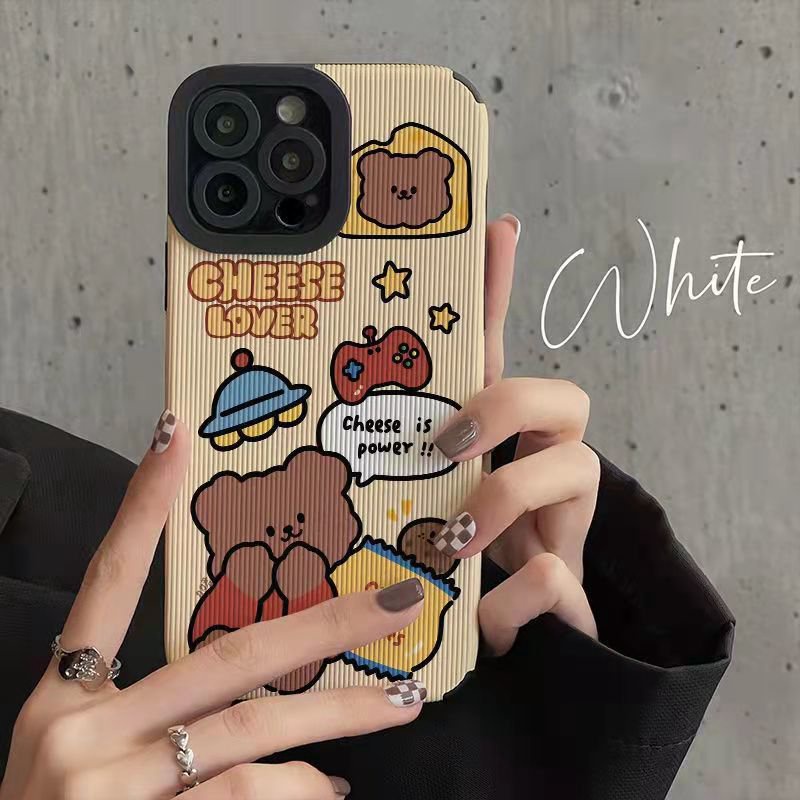 【Lamb Skin】Cute Cheese Lover Bear Soft Case for IPhone 6S 7 Plus 8 Plus X XS XR XS Max 11 13 12 14 PRO Max 14 Plus 12 13 Mini Camera Protect Women's Cartoon