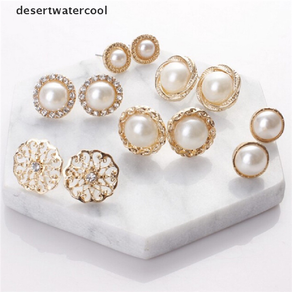 Deid 6pasang Elegan Kristal Berlian Imitasi Berlian Mutiara Tanda Telinga Kecil Studs Earrings Martijn
