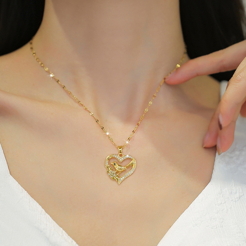 Kalung Titanium Asli Wanita Anti Karat Emas 18K Berlian Beruntung Karakter   Love Bird Aksesoris