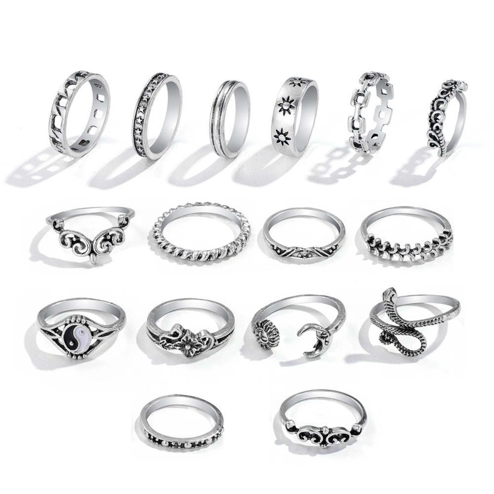 16pcs/set Retro Tai Chi Pola Cincin Elegan Berongga Keluar Hip-hop Mulit-Style Ladies Women Personality Pola Ular Jari Cincin Perhiasan Populer Fashion Populer Jari Cincin Set