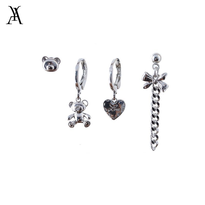 AY(CN) 4pcs / Set Anting Hoop Rumbai Desain Beruang Hati Pita Warna Silver Untuk Wanita