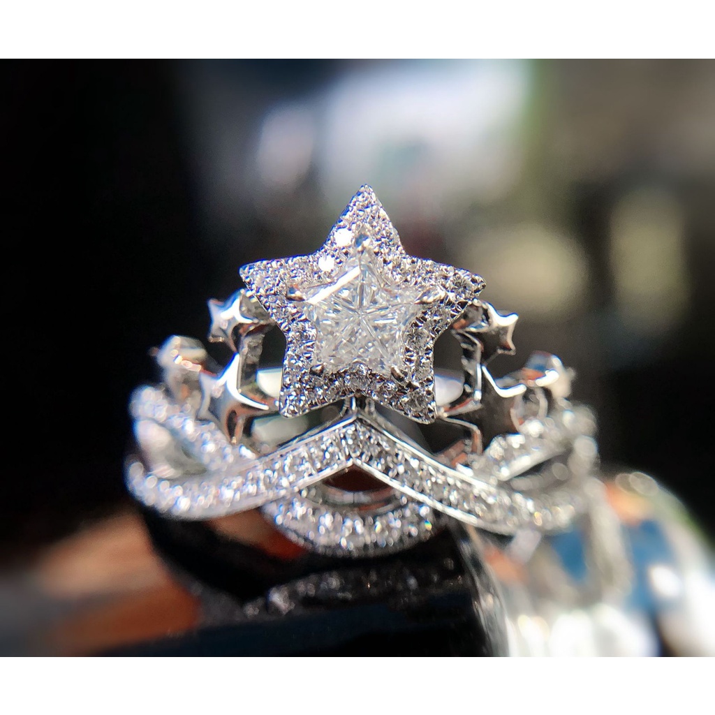 Goldkingdom Aksesoris Perhiasan Fashion Ready Stock Cincin Pentagram Zirkon Mewah Baru Cincin Mahkota Berlian Karbon Tinggi Wanita