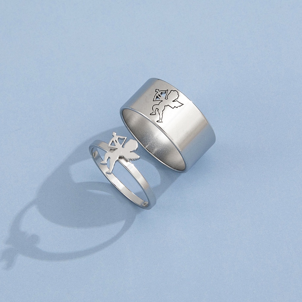 Fashion Pasangan Serbaguna Jatuh Cinta Pada Pandangan Pertama Laser Cupid Stainless Steel Glossy Sederhana Vintage Cincin Dua Set