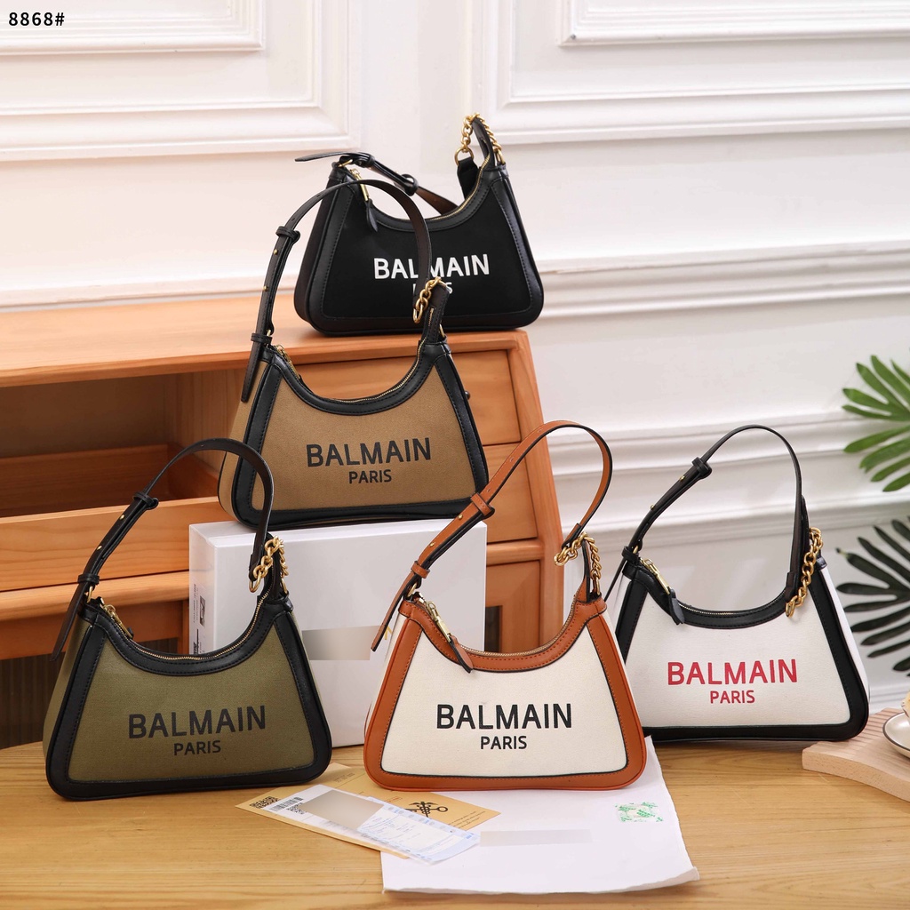 Tas Balmain B Army Bag # 8868 Wanita Semi Platinum Canvas 27cm Tenteng Handbag