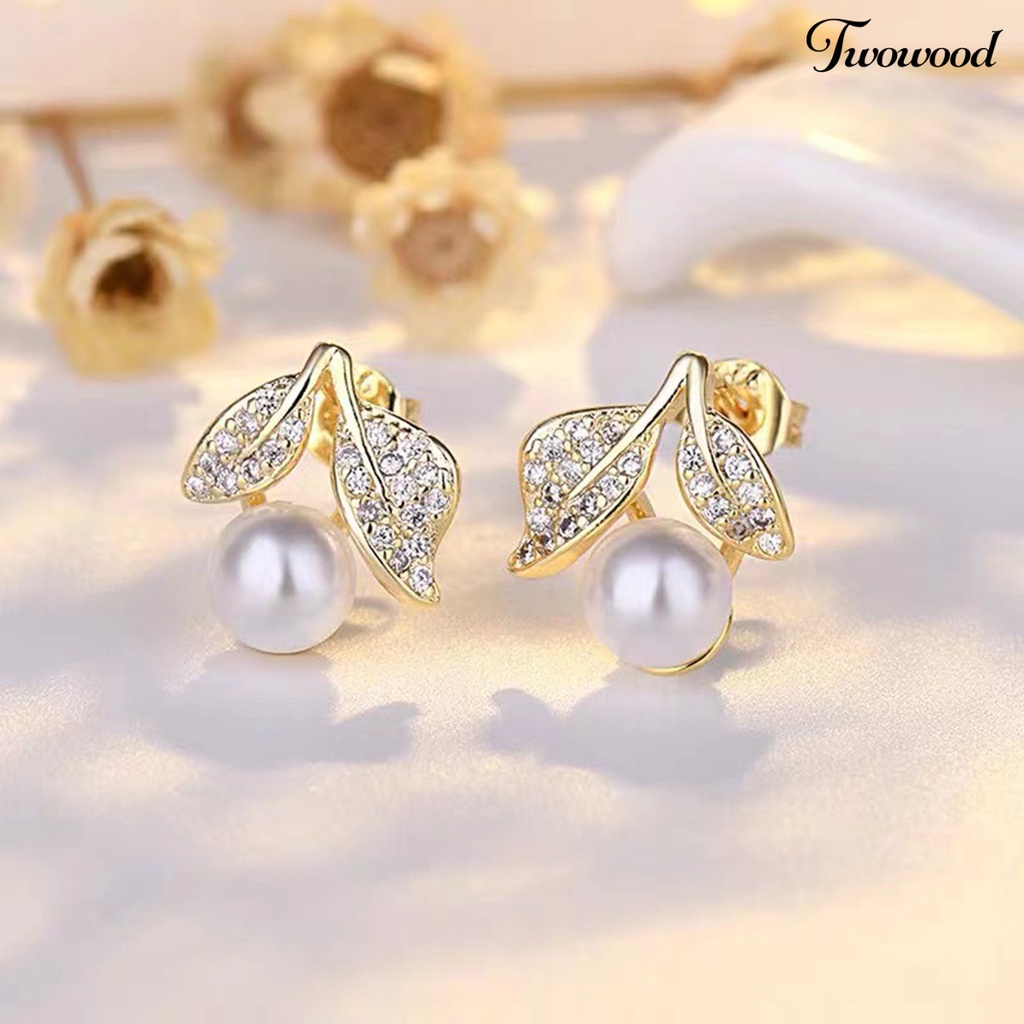 Twowood 1pasang Ear Studs Dainty Elegan Bling Berlian Imitasi Golden High Gloss Faux Pearl Leaves Women Earrings Perhiasan Aksesoris