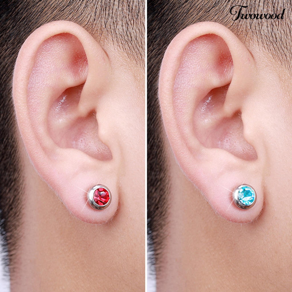 Twowood 1pasang Ear Studs Non-Piercing ic Stainless Steel Bulat Berwarna Berlian Imitasi Tertanam Pria Wanita Anting-Anting Perhiasan Fashion