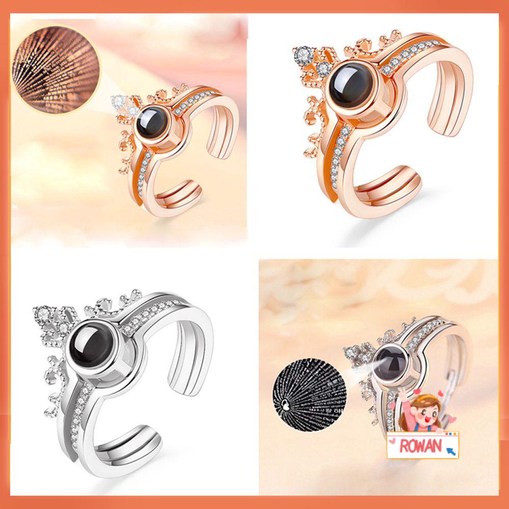 R-flower Projection Ring Cincin Pasangan Pesta Pernikahan Berlian Bentuk Mahkota Terbuka I Love You