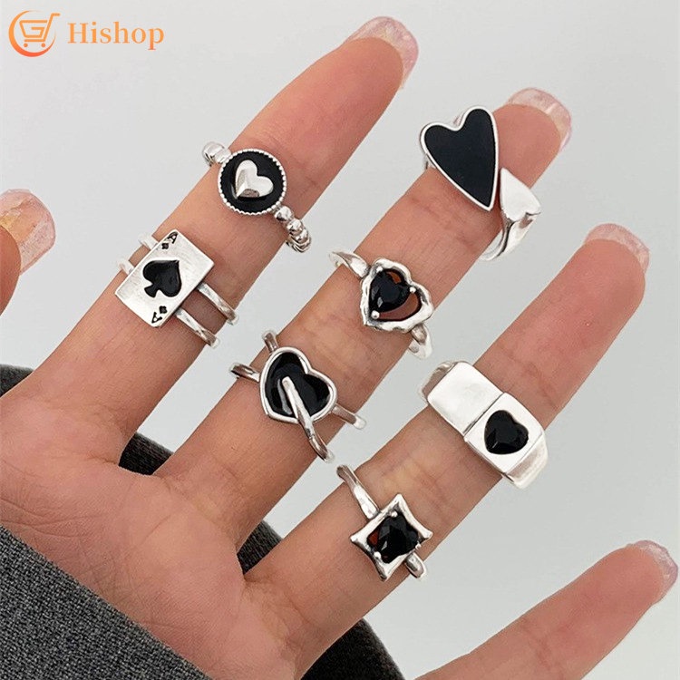 7pcs/set Silver Rings Black Zircon Oil Drop Spade Heart Ring Set for Women Jewelry Accessories