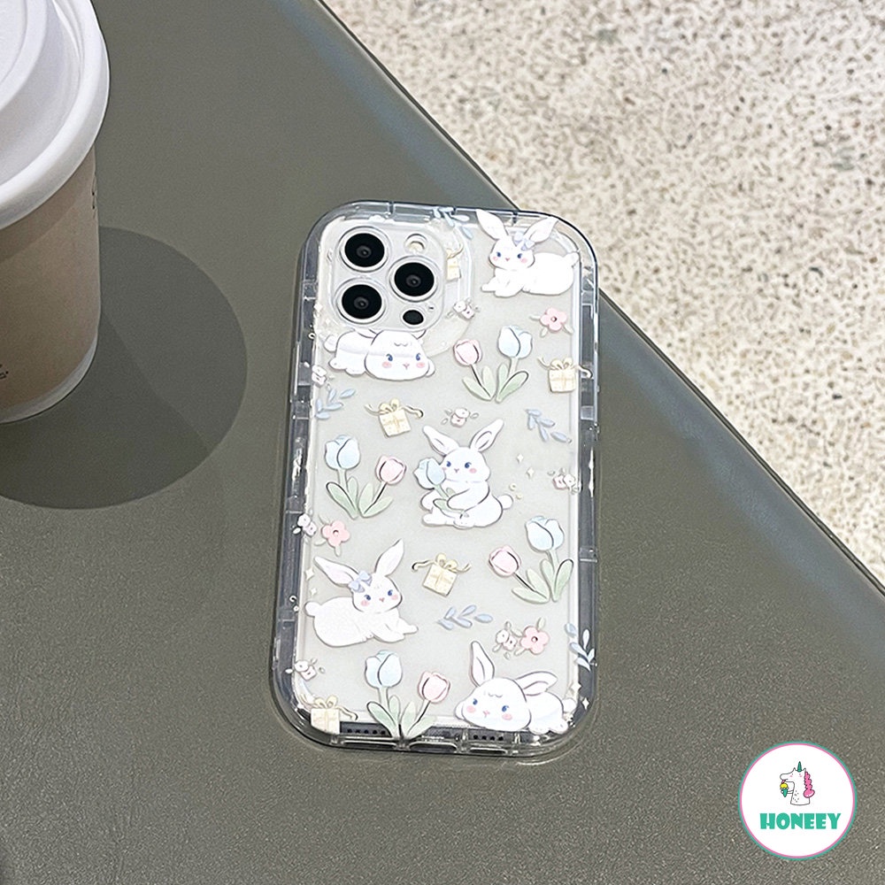 Cute Floral Flowers Rabbit Tebal Casing Ponsel Untuk iPhone 14 Pro 13 12 11 Pro Cover Silikon Lembut Indah Bumper Ponsel Bening Penutup Belakang