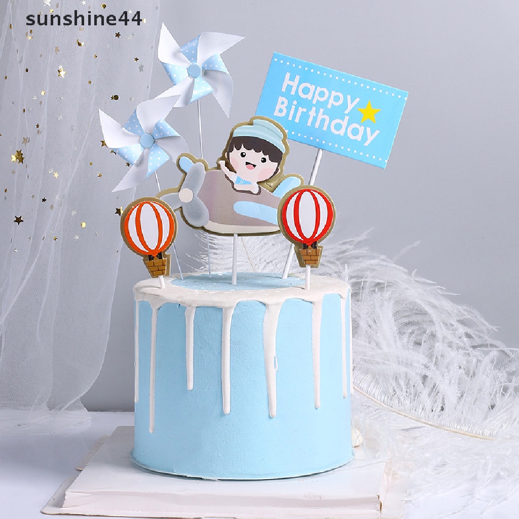 Sunshine Happy Birthday Cake Topper Pilot Pesawat Mobil Pohon Awan Anniversaire Decor Flag ID