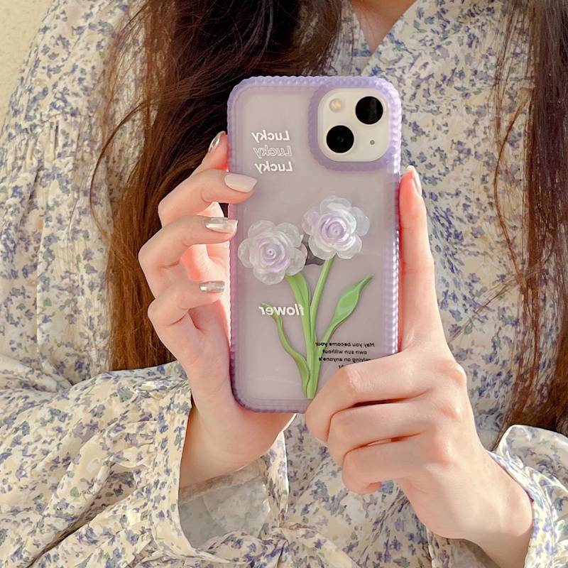 Luminous！3D Purple Rose Biscuit Edge Soft Case Casing Apple HP iP iPhone 12 13 14 Pro Max 11