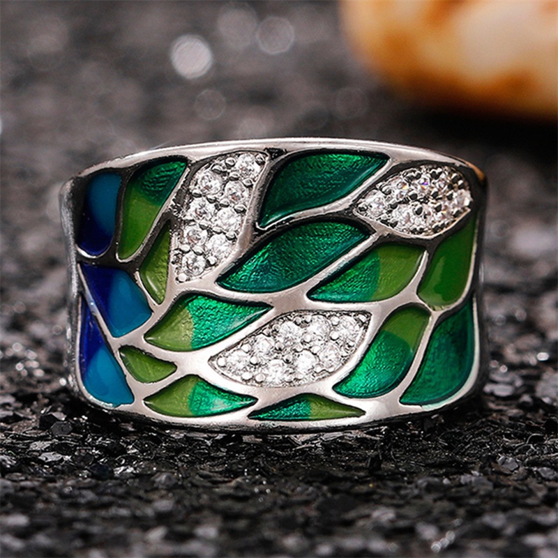 Gaya Bohemia Daun Hijau Enamel Cincin Untuk Wanita Menawan Ladies Rings Pesta Dansa Mewah Ulang Tahun Gadis Hadiah Fashion Perhiasan