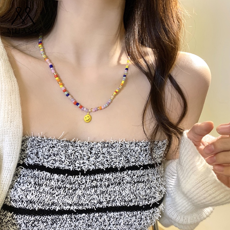 Indah Happy Smiling Face Necklace Kalung Manik-Manik Warna Bohemian Etnik Untuk Wanita Korea Liontin Sederhana