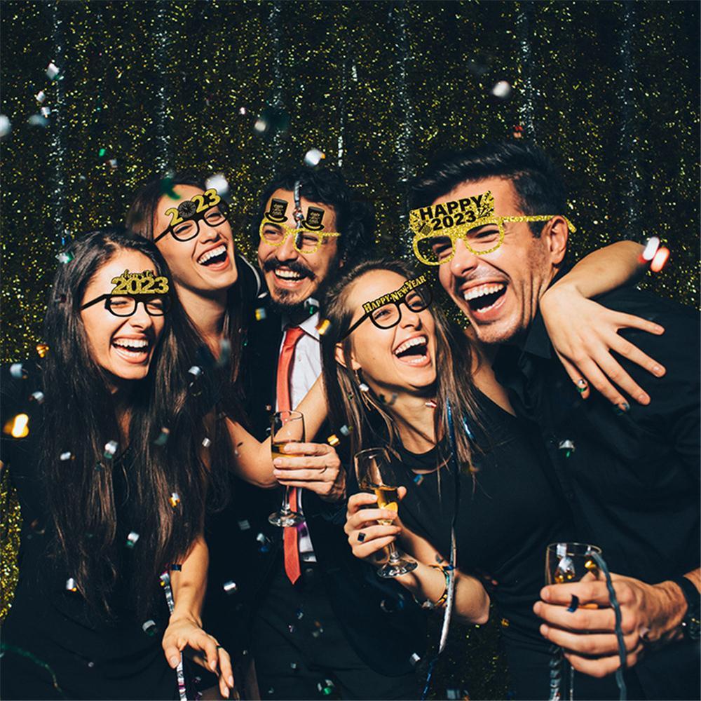 R-flower Happy New Year Eyeglasses Hiasan Natal Properti Foto Malam Tahun Baru Kacamata Kertas Hitam Emas