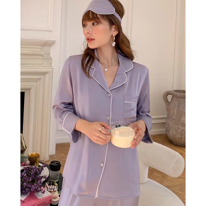 2023 Versi Korea Baru dari Ice Silk Purple Long -sleeved Long -sleeved Long -sleeved Long -Lengan Set Piyama/Bisa Mengenakan Pakaian Rumah