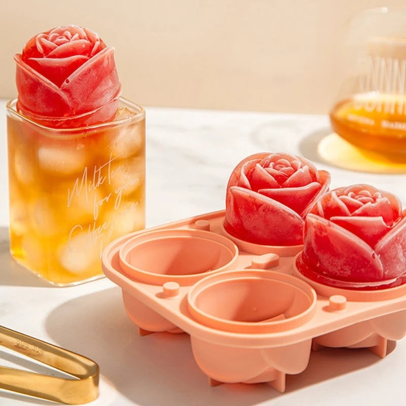 4kisi Cetakan Es Batu Bentuk Mawar 3D Dengan Tutup Bunga Ice Ball Makers Reusable Food Grade Silikon Cetakan Es Krim Whiskey Wine Cocktail Ice Tray Perlengkapan Dapur