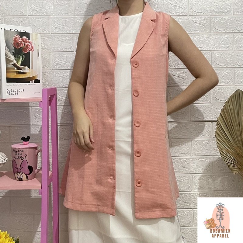 Pomelo Long Vest Pink Peach Outer Blazer Fashion Wanita Preloved