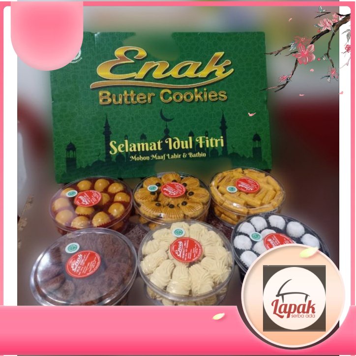 

kue kering merk enak.1 paket isi 6 toples