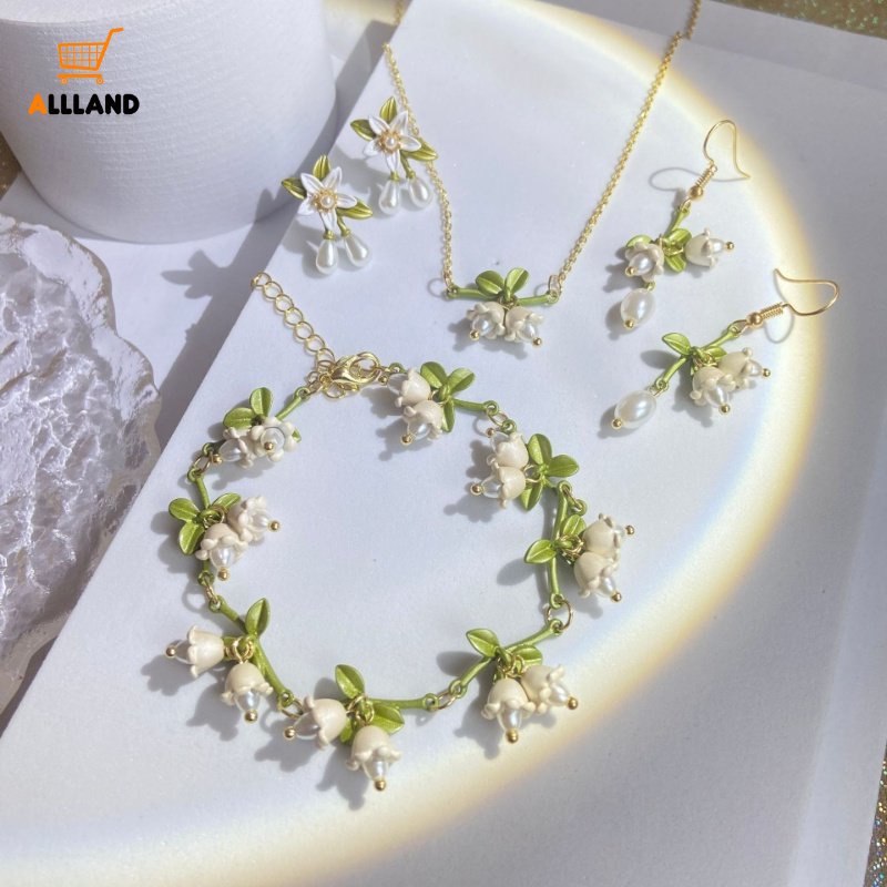 Gelang Anting Anggrek Lonceng Putih/Enamel Elegan Bellflower Tanaman Mutiara Rantai Klavikula/Aksesoris Perhiasan Wanita