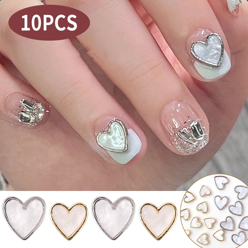 10 Pcs DIY 3D Shell Jantung Nail Art Berlian Imitasi Emas/Perak Perhiasan Datar Korea Jantung Bling Berlian Imitasi Batu Manicure Dekorasi