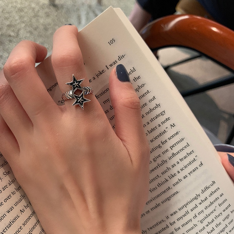 Cincin Kreatif Ganda Berujung Lima Bintang Salib Dapat Disesuaikan Warna Silver Untuk Wanita Mode Baru Perhiasan Pengantin Wanita Sederhana Elegan