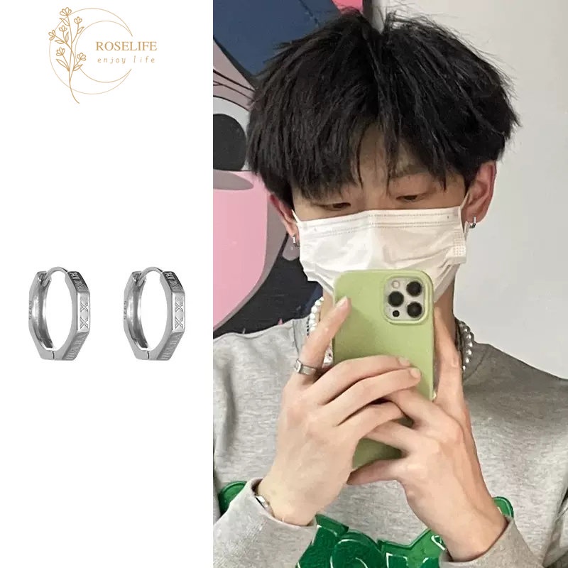 Roselife Unisex Keren Fashion S925 Perak Angka Romawi Anting Hoop Untuk Pria Wanita Bergaya Geometris Lingkaran Anting Bulat Gaya Punk Unisex Perhiasan Telinga 1pasang