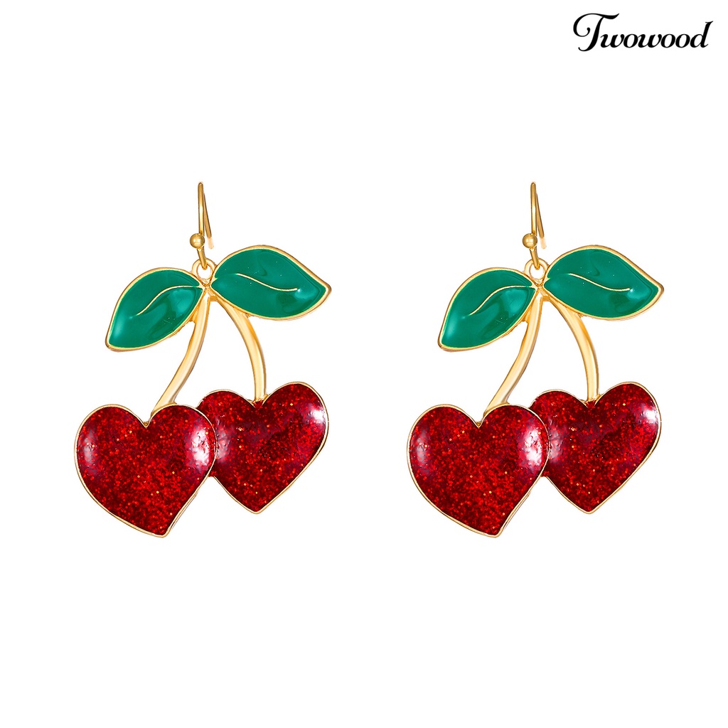 Twowood 1pasang Anting Kait Lucu Bentuk Buah Daun Hijau Tetesan Minyak Cherry Merah Wanita Drop Earrings Fashion Jewelry