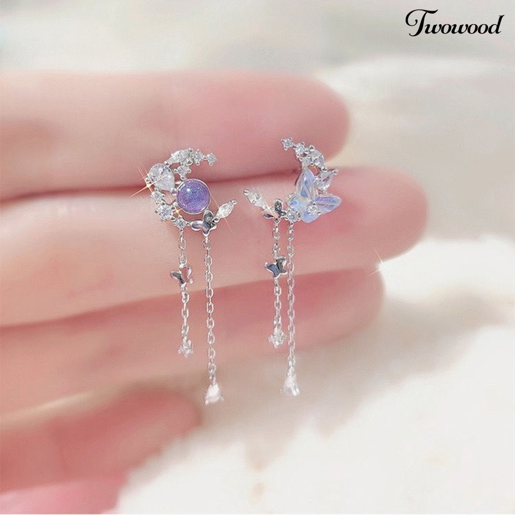 Twowood 1pasang Anting Gaya Korea Geometris Rantai Panjang Ungu Kristal Imitasi Bulan Bintang Kupu-Kupu Bertatahkan Berlian Imitasi Panjang Rumbai Anting Aksesoris Fashion