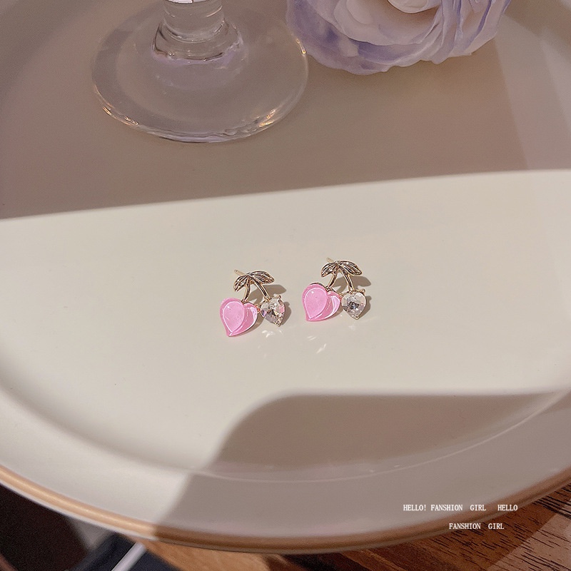 Fashion Honey Peach Earrings Korean Style Small Fresh Pink Love Rhinestone Cherry Earrings