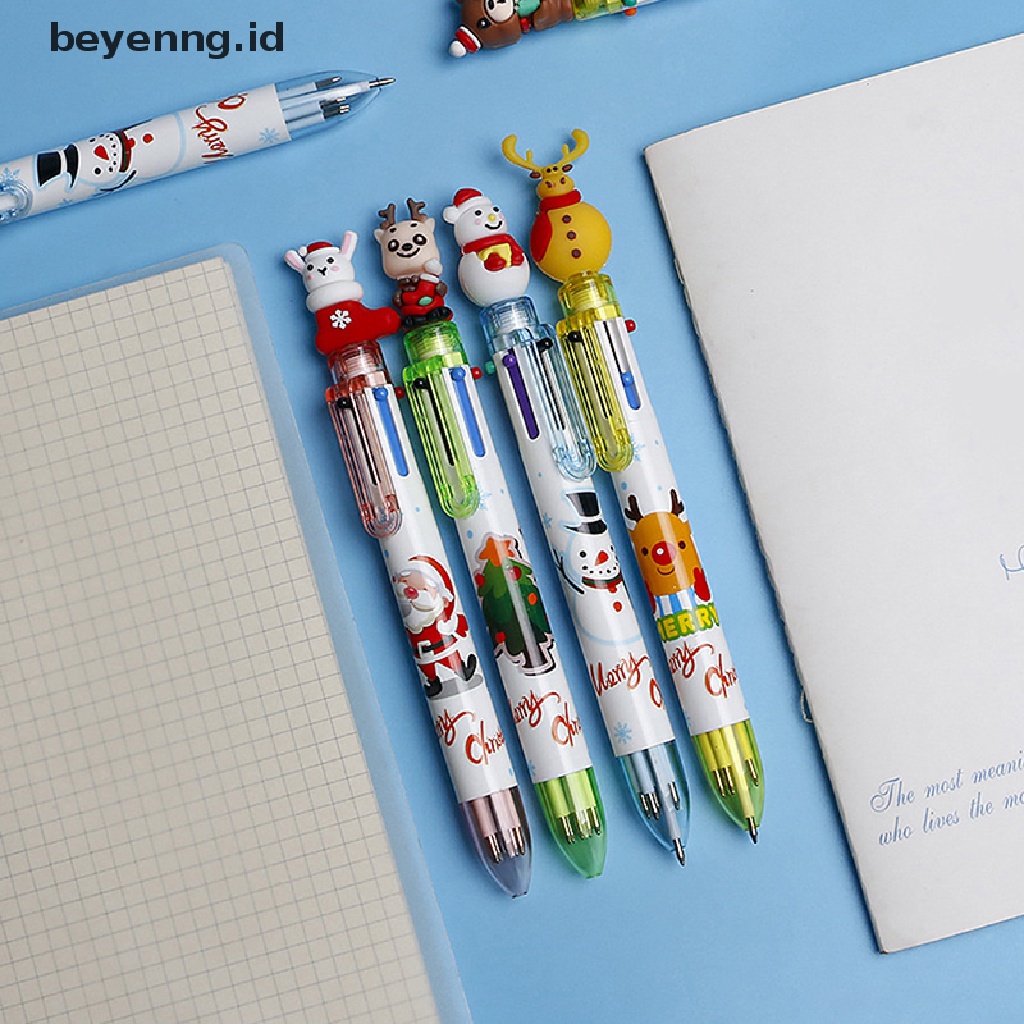 Beyen Merry Christmas Snowman Xmas Tree Deer Bolpoin 6-warna Tekan Kreatif Tangan Pena Bolpoin Hadiah Sekolah Kantor Stationary ID