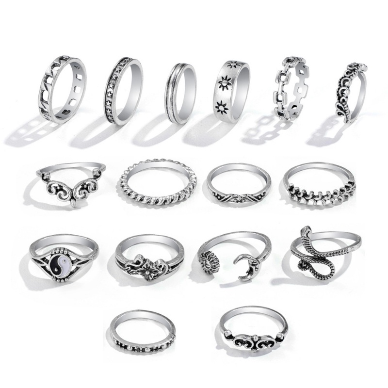 16pcs Set Cincin Tai Chi Yin Yang Kepribadian Vintage/Fashion Cincin Geometri Timbul Aksesoris Perhiasan Pesta