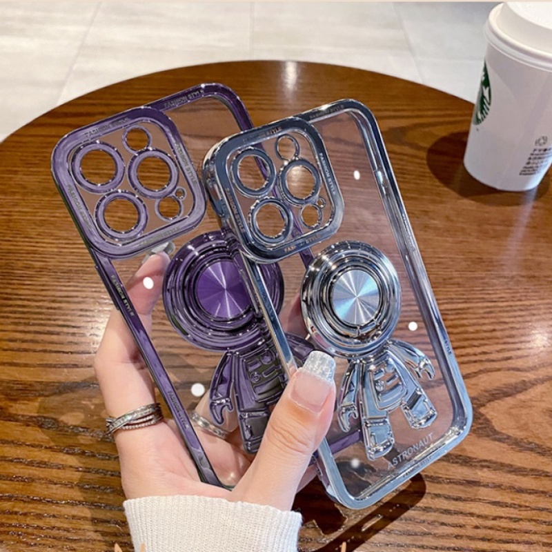 IPHONE Plating Astronot Bracket Stand Ring Holder Phone Case Untuk Iphone14 13 11 12 Pro Max XS X XR 7 8 Plus Cover Transparan