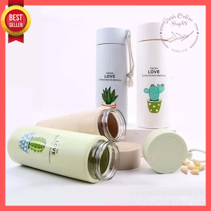 GOS -F404- Botol Minum Kaktus Thermos Kaca - Botol Kaca Minum Botol Motif Cactus Love 450ml