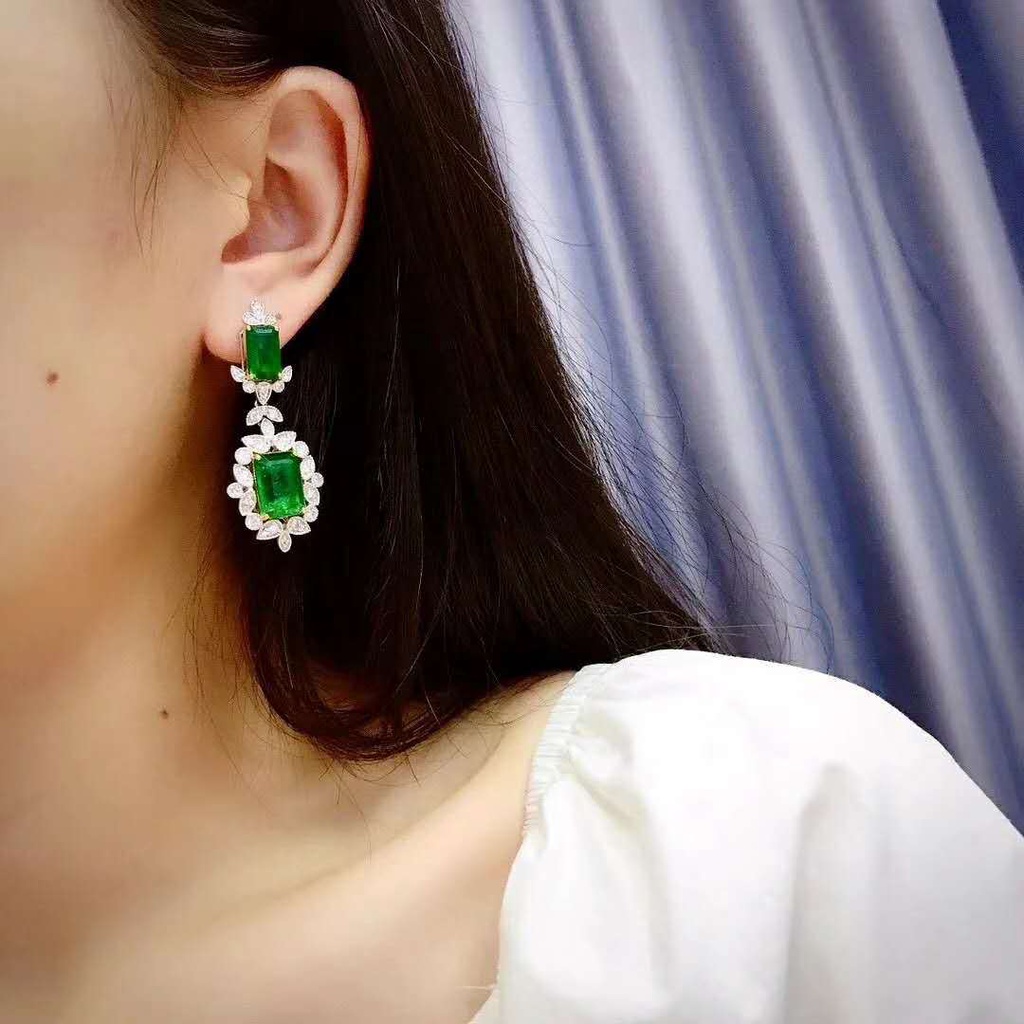 Goldkingdom Fashion Perhiasan Aksesoris Ready Stock Mewah Bertatahkan Natural Emerald Princess Square Berlian Anting Eropa Dan Amerika Engagement Party Earrings Earrings Perempuan