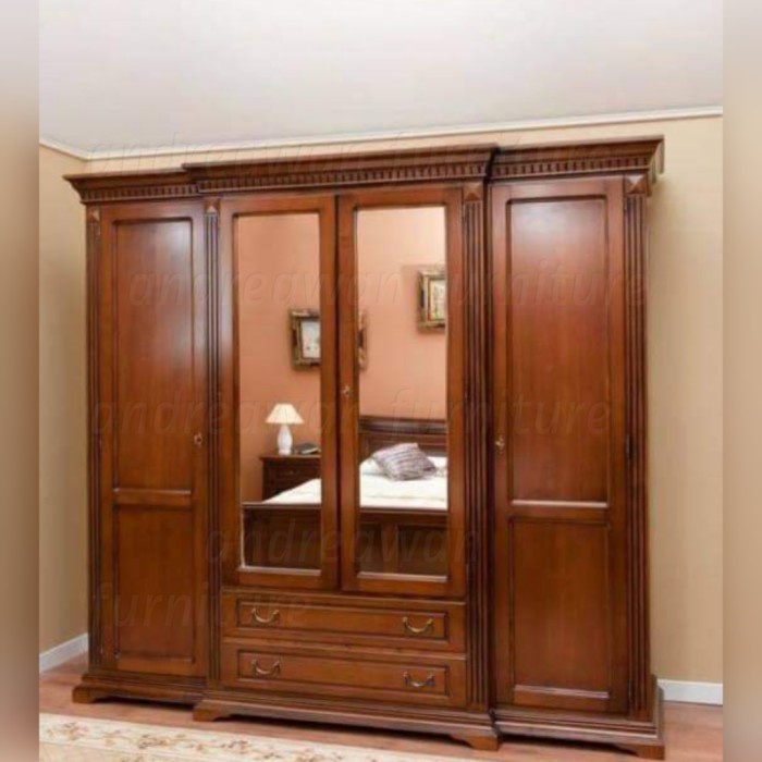 Lemari Baju Minimalis 4 Pintu Kaca Cermin Laci Bawah Bahan Kayu Jati