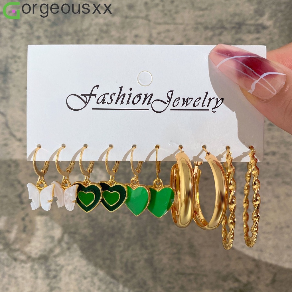 5pcs/set Kreatif Putih Kupu-Kupu Hijau Drip Minyak Cinta Hati Liontin Anting Untuk Gril Wanita Bentuk Spiral Perhiasan Fashion