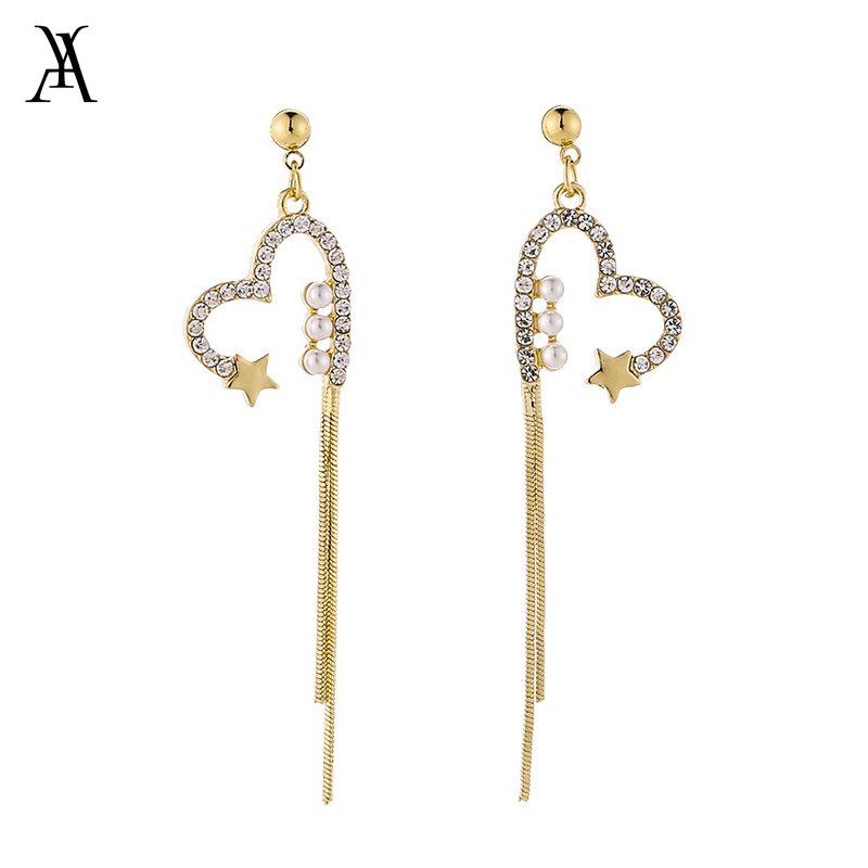 AY(CN) Anting Rumbai Hati Hollow Elegan Mutiara Kristal Gold Drop Earring Untuk Aksesoris Perhiasan Wanita