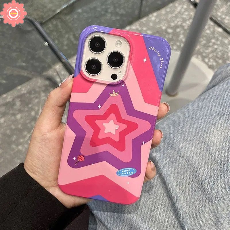 IPHONE Ins Rose Red Gradient Star Phone Case Kompatibel Untuk Iphone11 7plus XR 14 13 12 Pro Max 7 8 Plus X XS Max SE 2020 Cinta Hati Shockproof Camera Protection Glossy Soft Cover