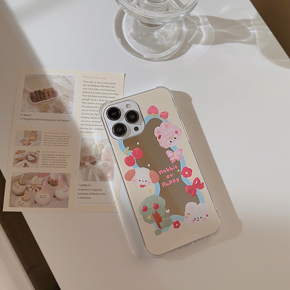 Cute Strawberries Girl Kartun Make Up Mirror Silicone Case Untuk Iphone SE 2020 7 /8 Plus 14x XR XM 11 12 MINI 13 PRO MAX Casing Cover Pelindung AT0078