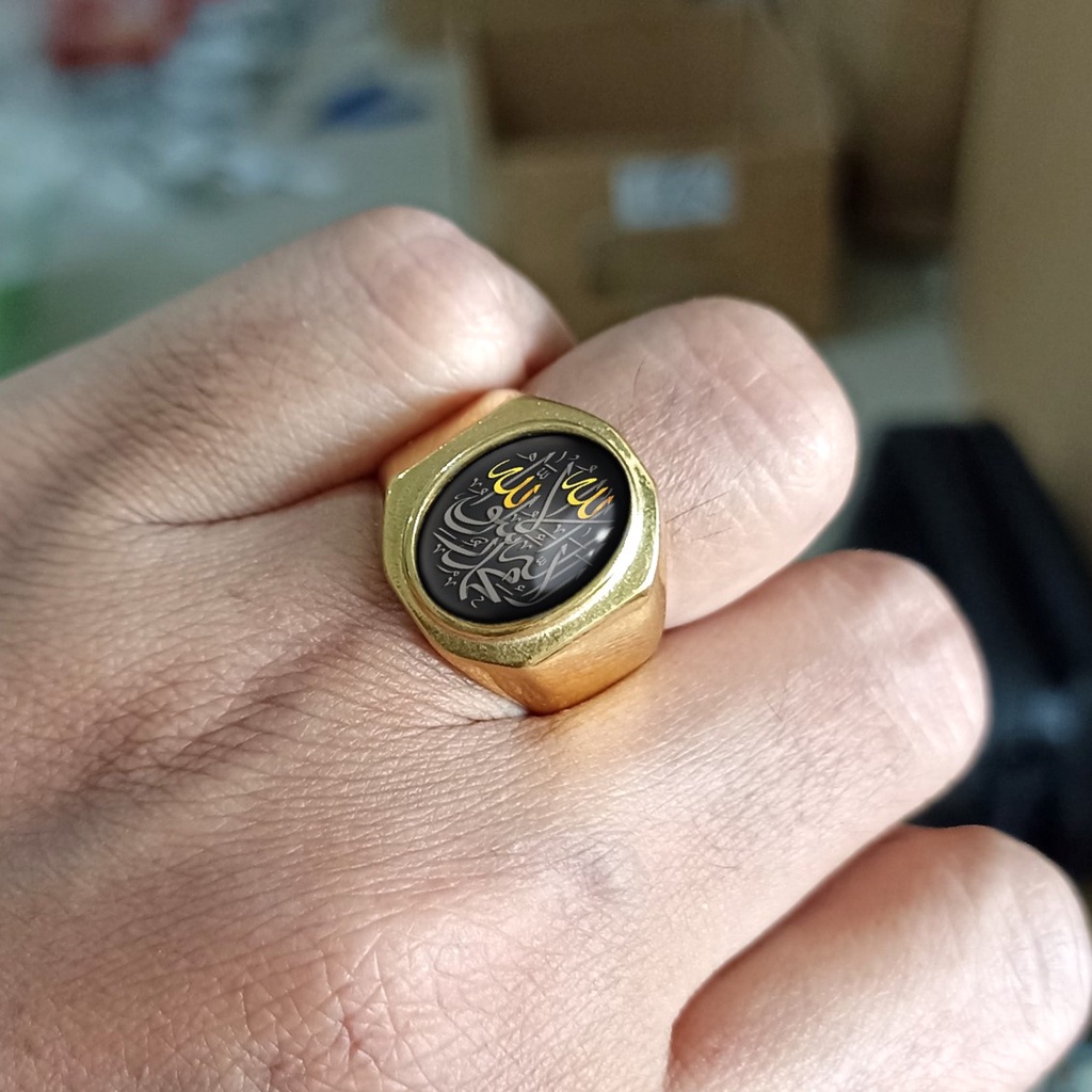 CINCIN TAUHID LAFADZ ALLAH ISLAM PRIA MODEL AKIK SEGI 8 KACA CEMBUNG BAHAN PREMIUM TITANIUM ANTI KARAT TIDAK LUNTUR