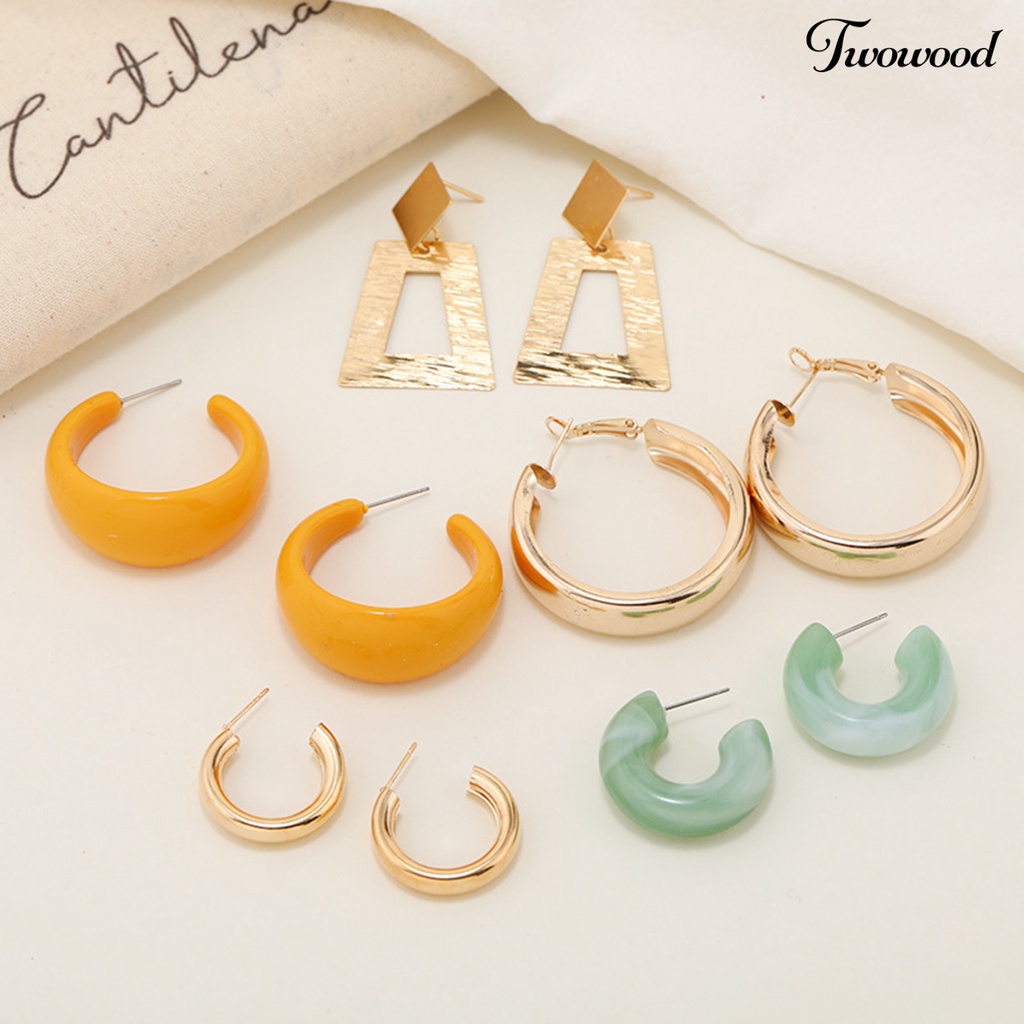 Twowood 5pasang Setengah Hoop Anting Berbentuk C Geometris Multi-Gaya Minimalis Elegan Logam Akrilik Wanita Stud Earrings Kit Perhiasan Fashion