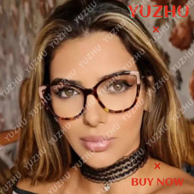 (YUZHU) Western Fashion Oversized Frame Cat Eye Eyeglasses Retro Fashion TR90 Anti-Blue Light Pattern Eyeglasses Untuk Wanita