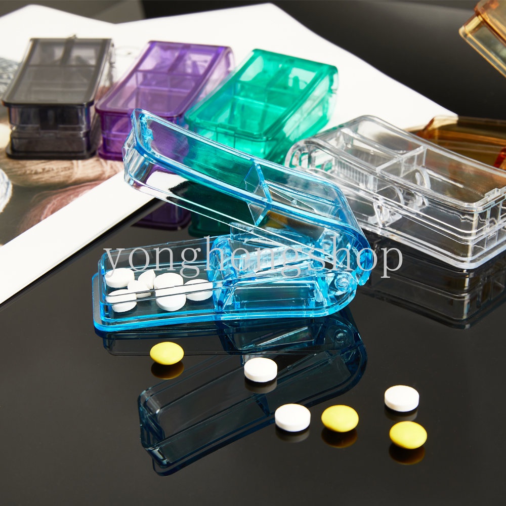 Outdoor Travel Portable Pill Cutter Medicine Slicer Box Transparan Pill Splitter Wadah Obat Tablet Divider Breaker Tempat Penyimpanan Pill Box Vitamin Penghancur