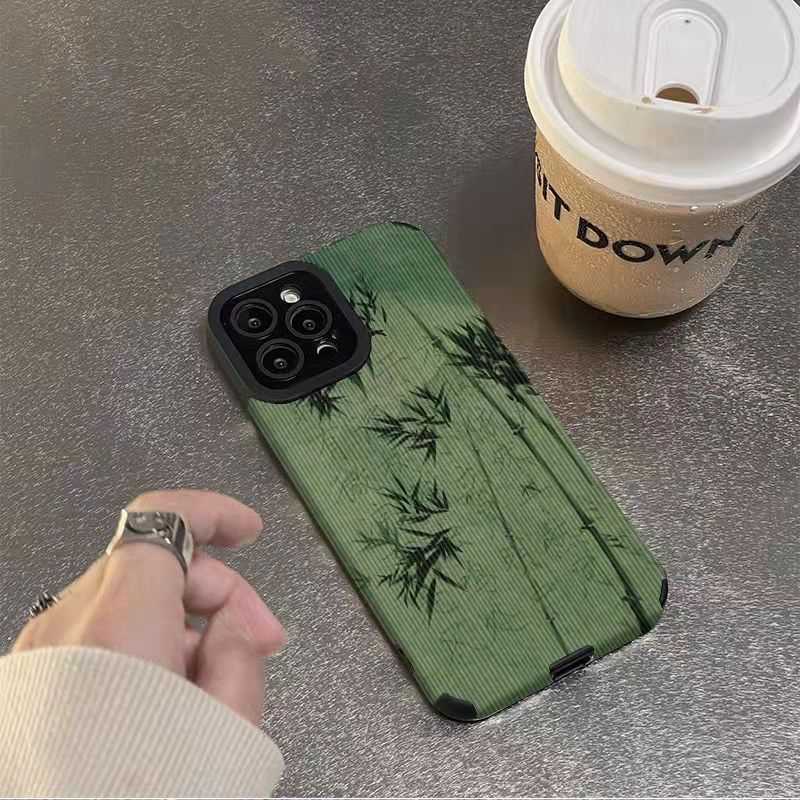 【Lamb Skin】Green bamboo Soft Case for IPhone 6S 7 Plus 8 Plus X XS XR XS Max 11 13 12 14 PRO Max 14 Plus 12 13 Mini Camera Protect Baolongwish Casing