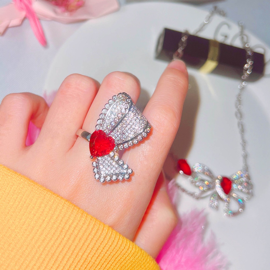 Goldkingdom Fashion Perhiasan Aksesoris Ready Stock Industri Berat Maju Merasakan Micro Penuh Berlian Merah Busur Set Kalung Super Peri Kupu-Kupu Berbentuk Hati Terbuka Cincin Perempuan