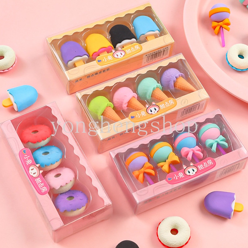 4pcs/set Kawaii Es Krim Donat Berbentuk Penghapus Lucu Mini Lolipop Pensil Karet Penghapus Mainan Anak Siswa Alat Tulis Hadiah Sekolah Koreksi Pasokan