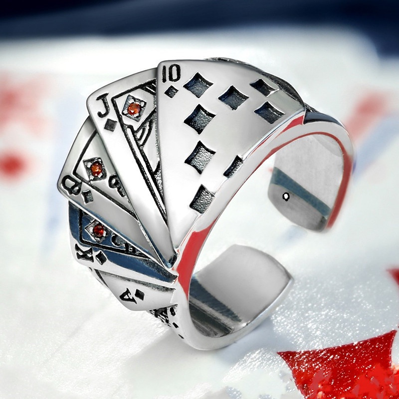 Retro Cincin Kartu Poker Untuk Wanita Pria Lurus Flush Rings Unisex Perhiasan Aksesoris Trendi